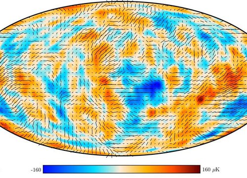 The 2018 Planck map of the polarized CMB anisotropies, shown as rods whose direction and length represent the direction and amplitude of polarized CMB.Credit: ESA